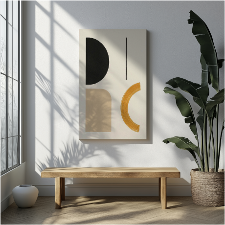Minimalist hallway canvas wall art with abstract shapes in black, beige, and mustard tones, styled above a wooden bench beside a potted plant in natural sunlight.