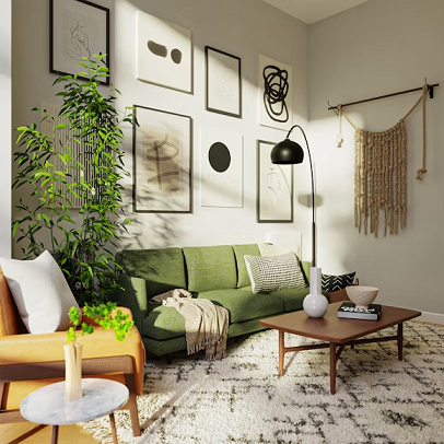 Minimalist canvas wall art in a cozy living room corner with green sofa, wooden table, and natural light.