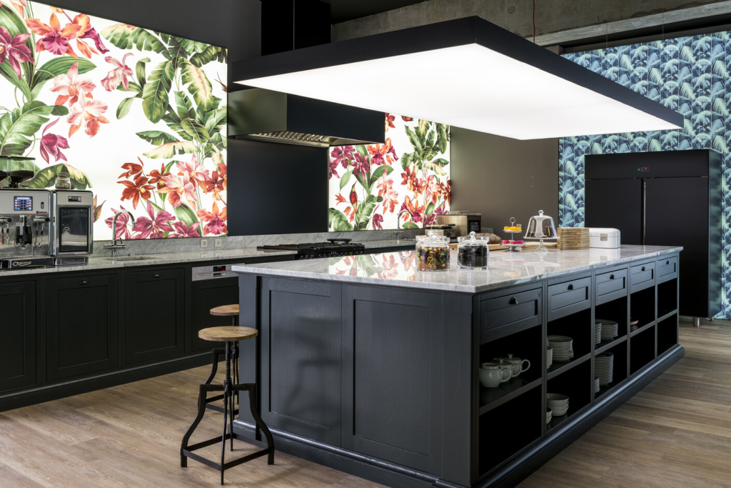 Kitchen lightbox ideas – LED lightbox with floral artwork in modern kitchen interior design.