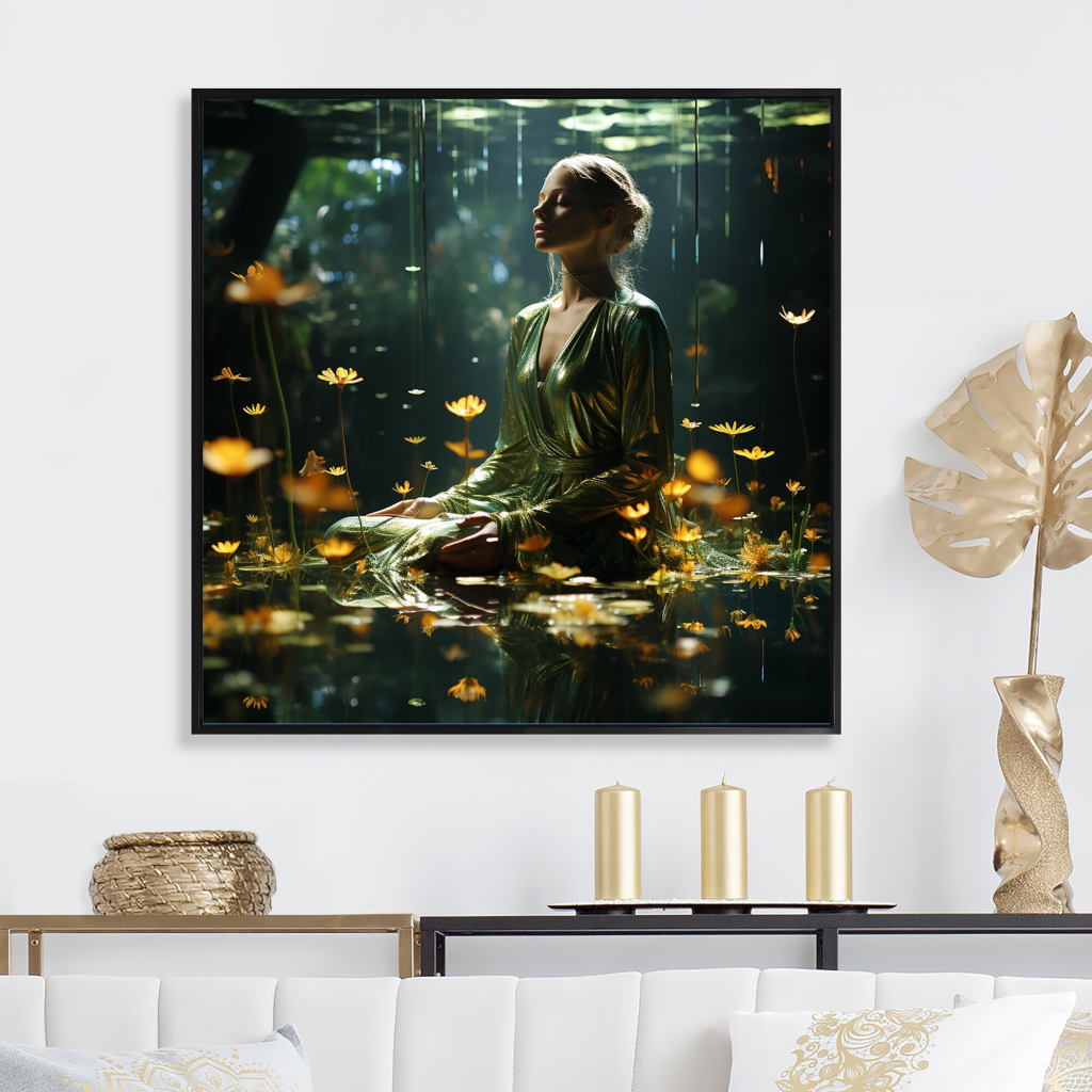 Canvas wall art of a meditating woman with golden flowers – Mindful Moments decor for modern living room.