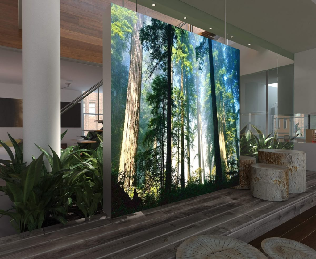 Lightbox with a vibrant forest print, displayed in a modern interior with wooden flooring and decorative plants.