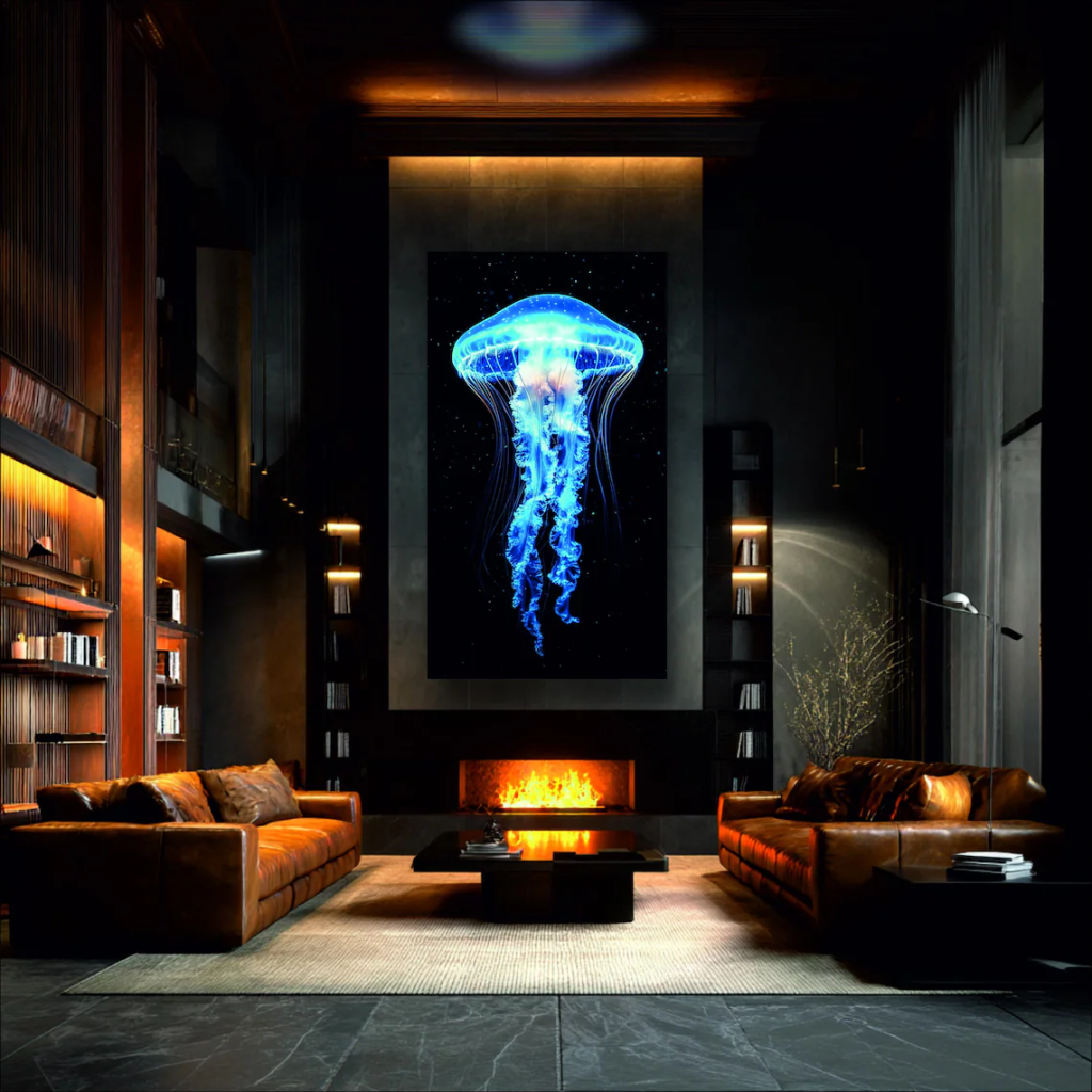 Lightbox wall art of a glowing jellyfish in blue tones, adding depth, light, and modern elegance to a luxury living space.