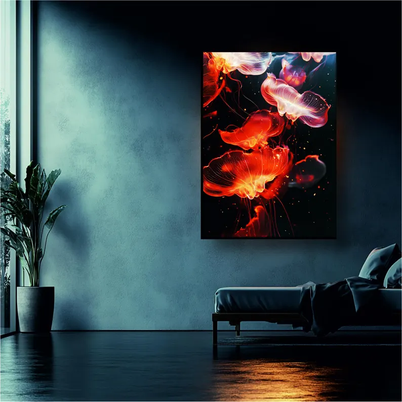 Backlit jellyfish LED lightbox wall art in vibrant red and orange hues, UV printed on fabric, creating a glowing ocean-inspired atmosphere.