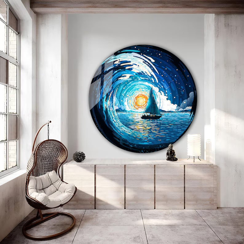 Round ocean wave painting with a sailboat under glowing sunlight, modern blue canvas wall art for living room decor.