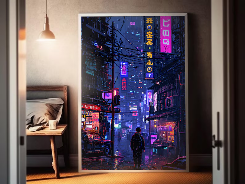 backlit lightbox artwork of a person walking alone through a rainy neon-lit street at night
